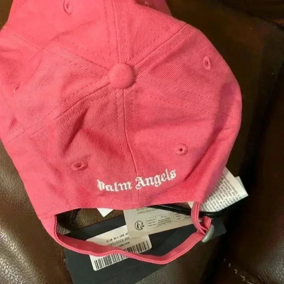 NWT PALM ANGELS LOGO-EMBROIDERED COTTON STRAP BACK CAP HAT BABY PINK WHITE - Picture 5 of 6